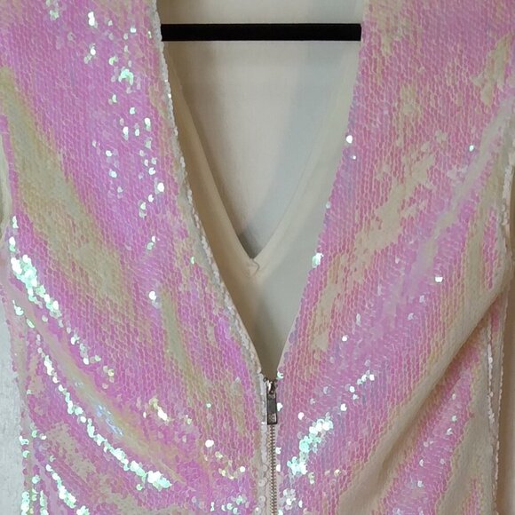 Sequins of White Sparkles of Seafoam on a Wash of Dayglow Pink Sheath Dress SzS - Picture 5 of 9